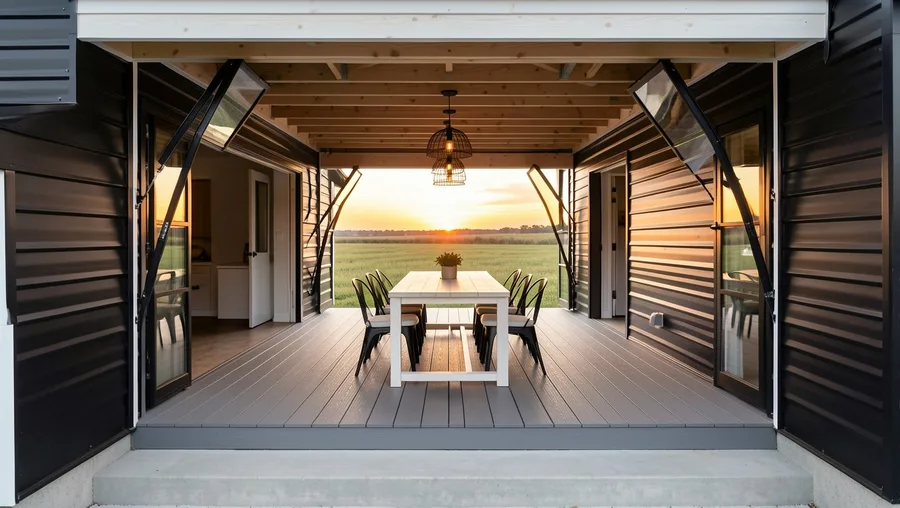 Dual Glass Garage Doors Opening into a Sunken Dining Deck