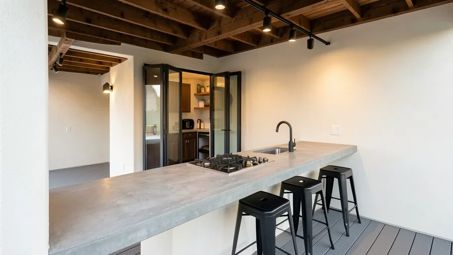 Cast-Concrete Outdoor Galley Kitchen and Pass-Through Bar