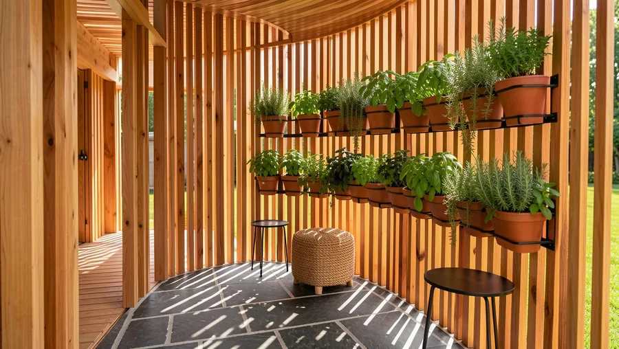 Curved Slatted Cedar Privacy Wall with Hanging Herb Garden