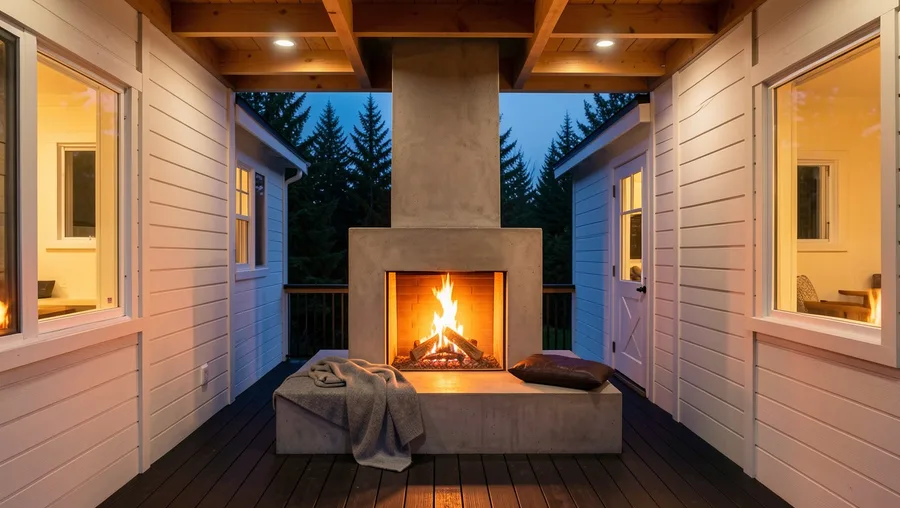 Double-Sided Freestanding Masonry Fireplace and Hearth