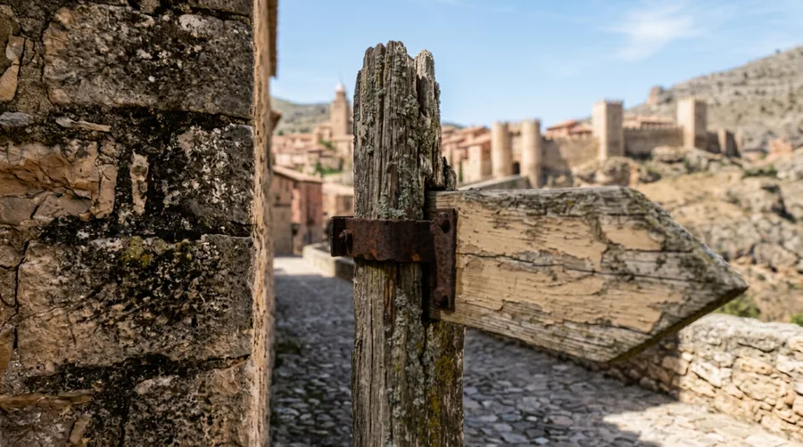 A tight detail photograph of a weathered wooden signpost pointing toward medieval town gates in Albarracín, Spain, showing th
