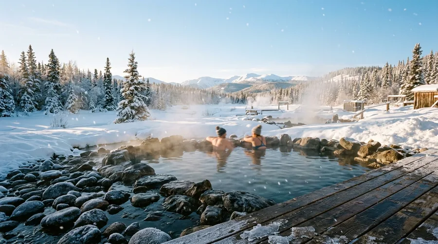 Sitting in Natural Geothermal Hot Springs Surrounded by Snow