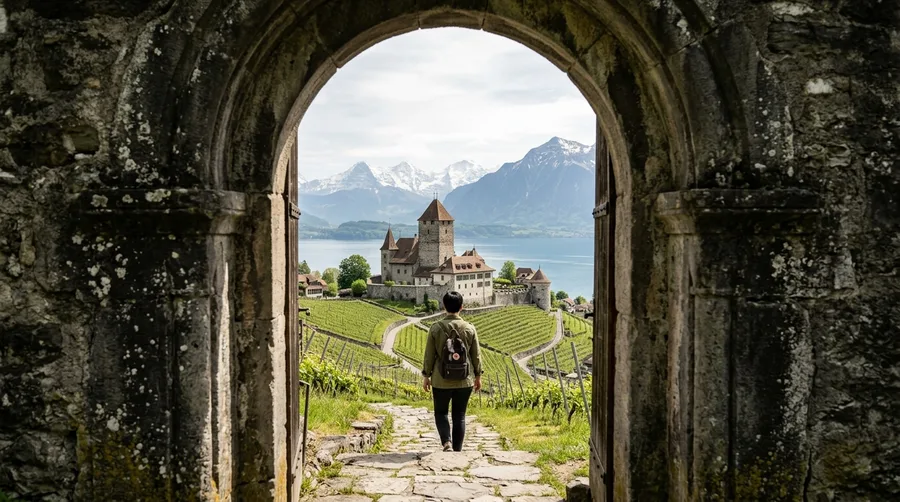Photograph the castle keep above Spiez vineyards